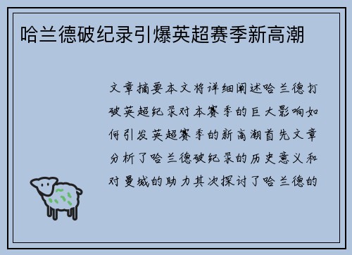 哈兰德破纪录引爆英超赛季新高潮