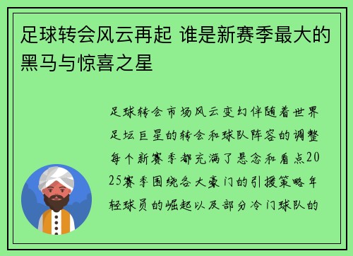 足球转会风云再起 谁是新赛季最大的黑马与惊喜之星